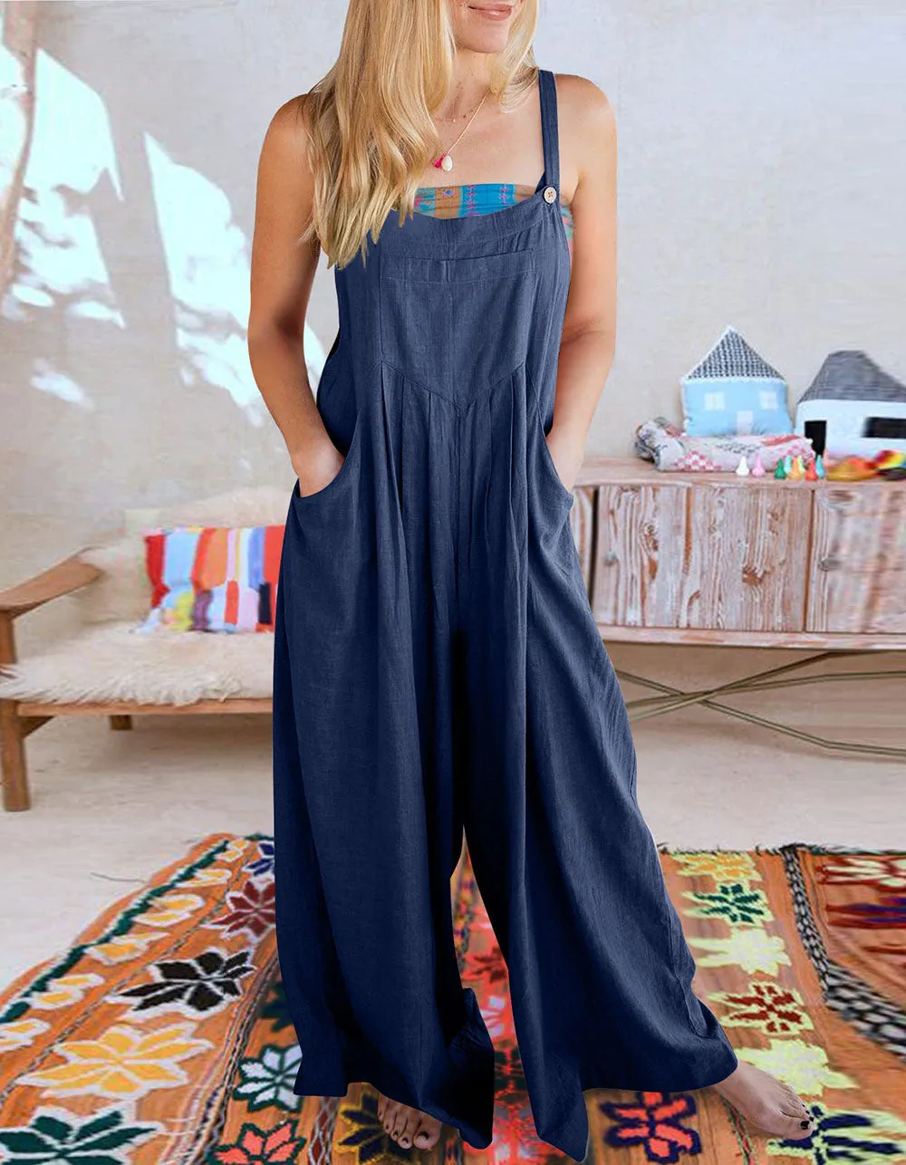 Plain Solid-color Strap Sleeveless Pocket Straight Jumpsuit