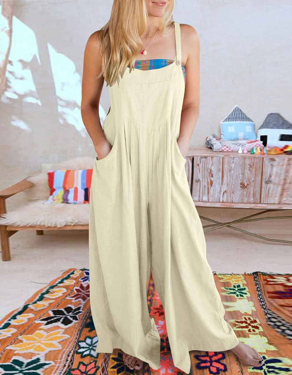 Plain Solid-color Strap Sleeveless Pocket Straight Jumpsuit