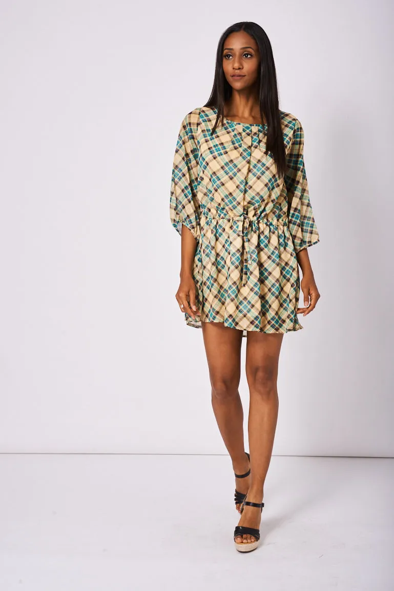 Pleated Front Belted Dress In Check