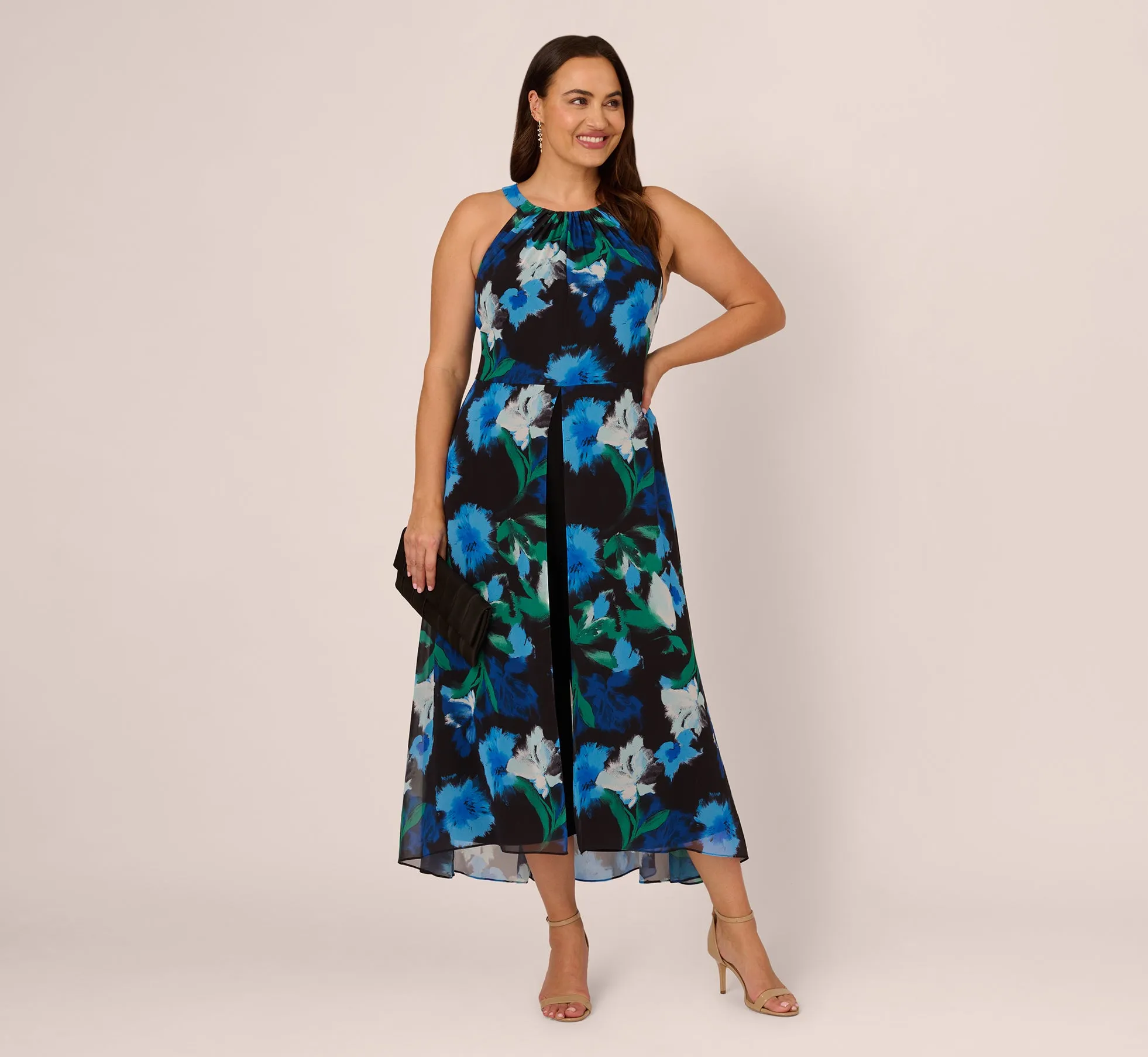 Plus Size Floral Print Chiffon Cropped Jumpsuit With Wide Legs In Black Multi