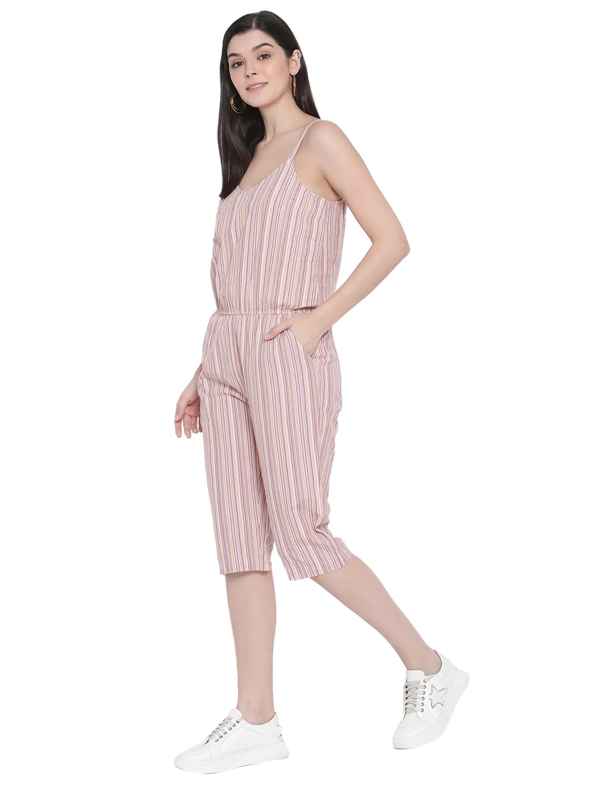 Porsorte Womens Spagetti Straps 100% Cotton Peach Pink Cullotes Jumpsuit