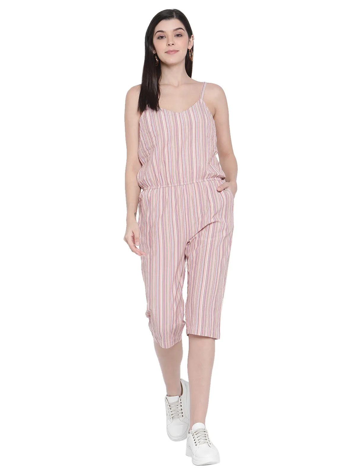 Porsorte Womens Spagetti Straps 100% Cotton Peach Pink Cullotes Jumpsuit