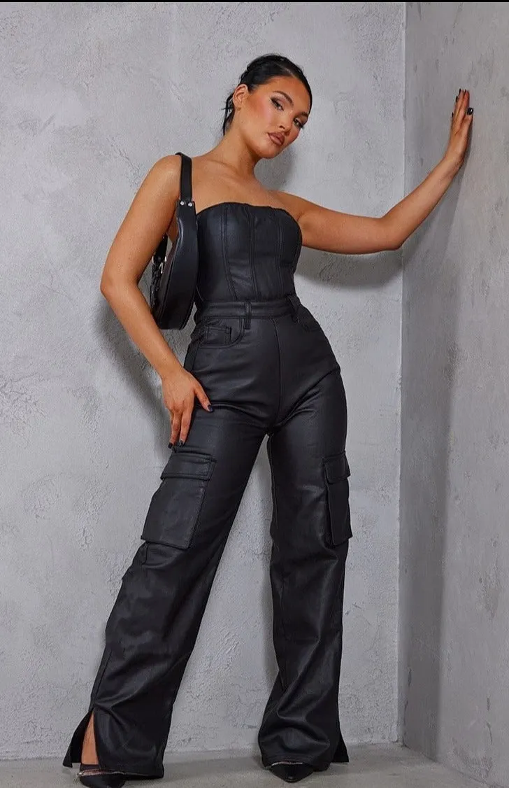 PU leather pocket casual jumpsuit