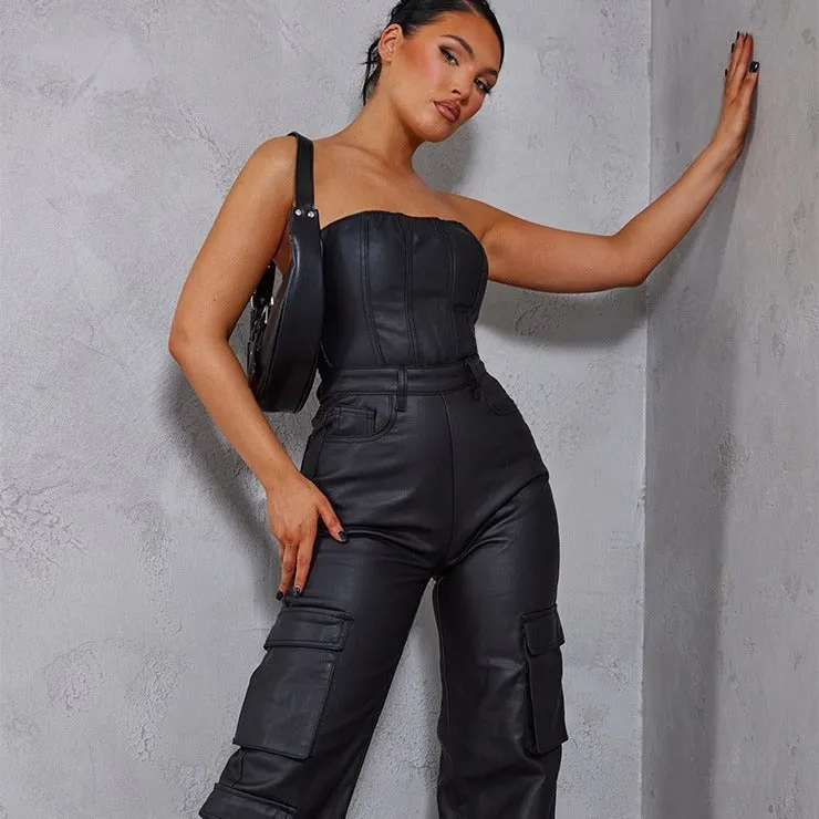 PU leather pocket casual jumpsuit