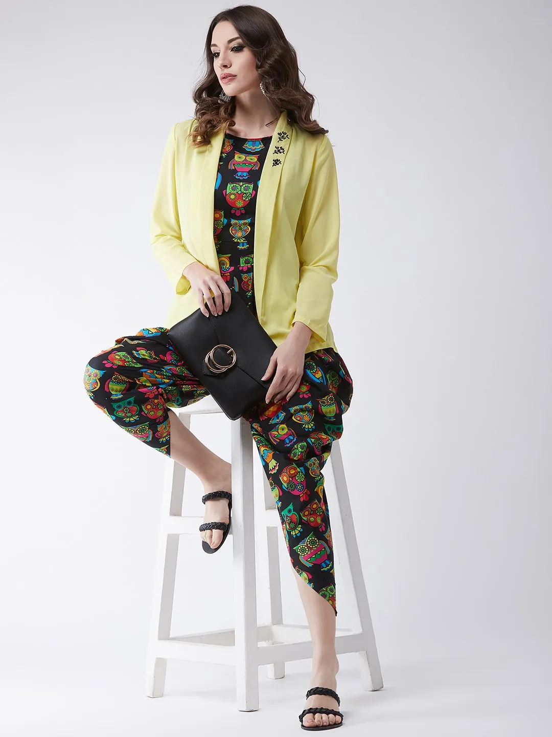 Quirky Owl Printed Jumpsuit with Embroidered Shrug