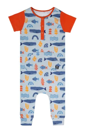 Rags Retro Henley Kangaroo Pocket Romper - Abstract Ocean