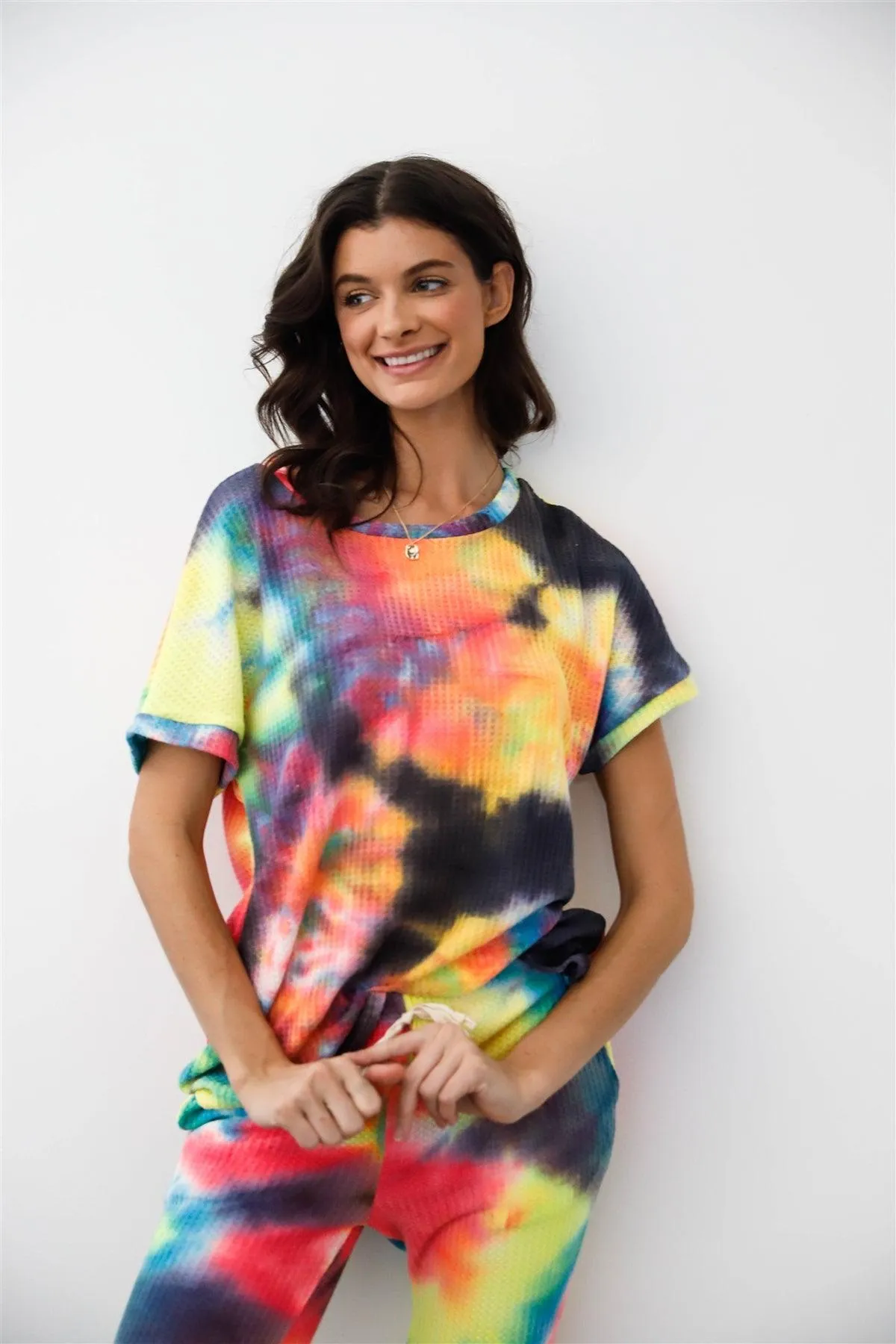 Rainbow Tie-Dye Waffle Loose T-Shirt & Sweatpants Set /1-1-1