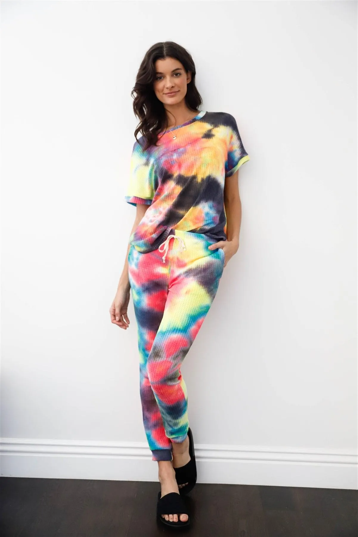 Rainbow Tie-Dye Waffle Loose T-Shirt & Sweatpants Set /1-1-1