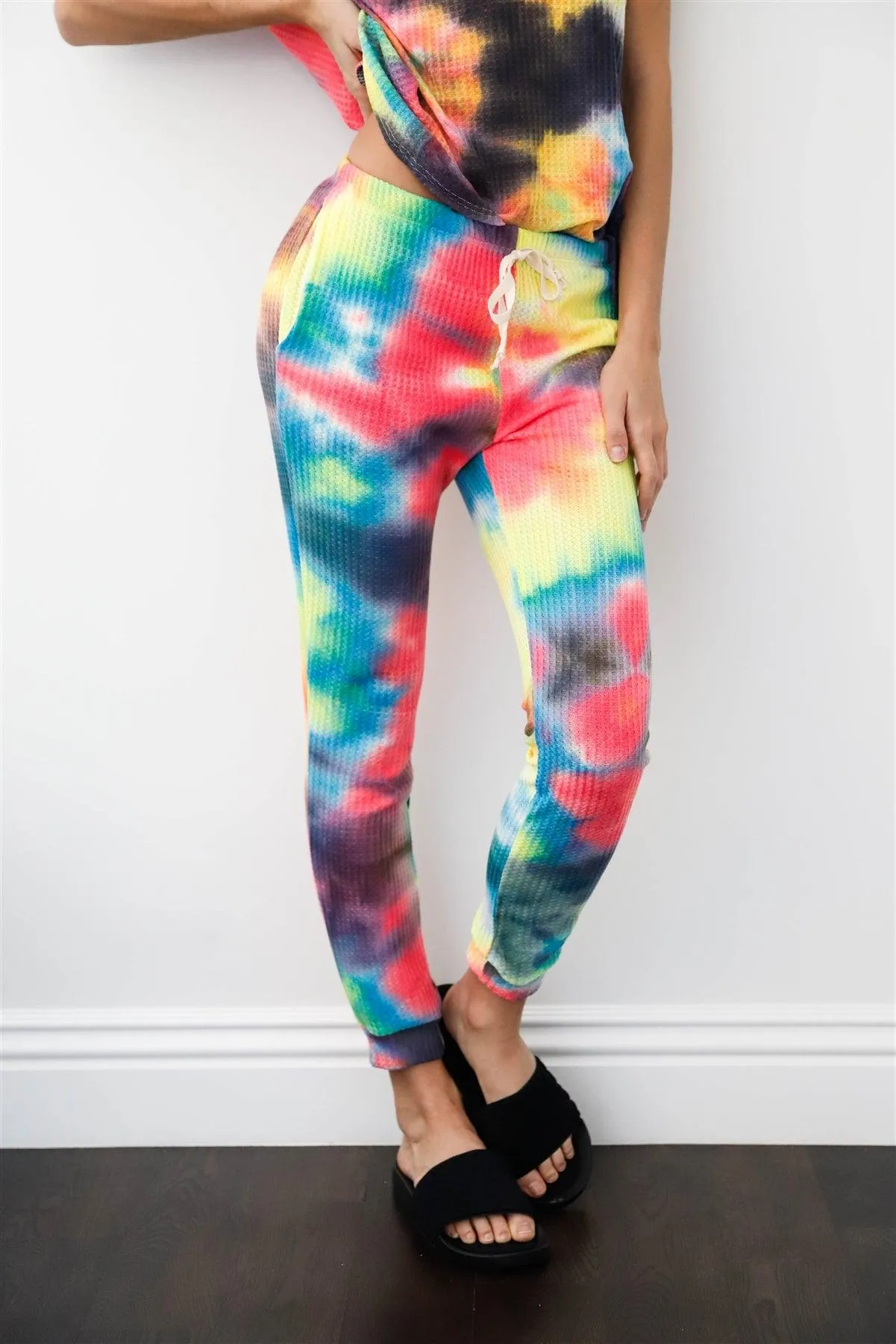 Rainbow Tie-Dye Waffle Loose T-Shirt & Sweatpants Set /1-1-1