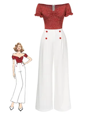 Red 1930s Heart Dots Off-Shoulder Jumpsuit