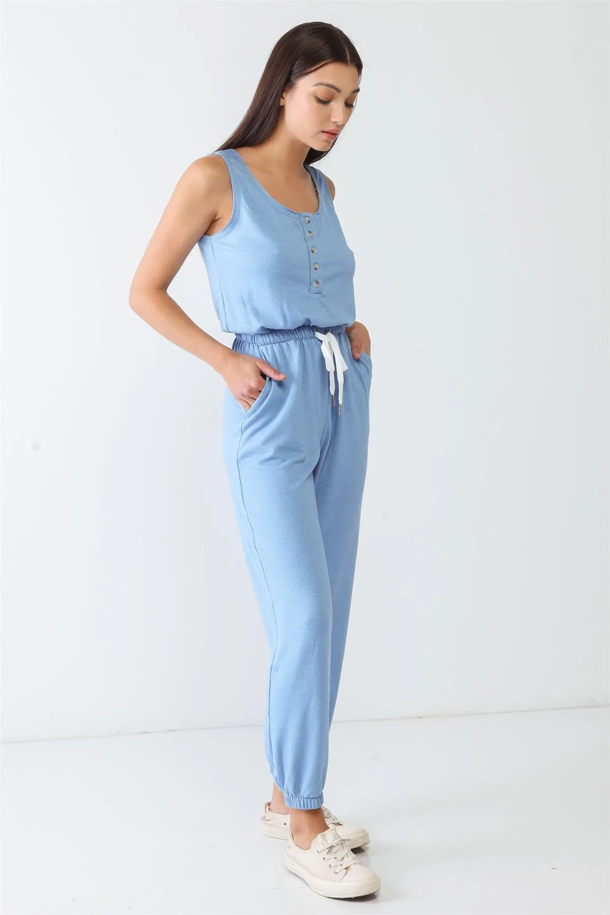 Round Neck Sleeveless Button-Up Pocket Jumpsuit