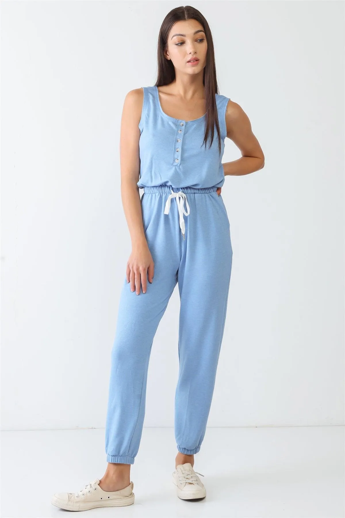 Round Neck Sleeveless Button-Up Pocket Jumpsuit