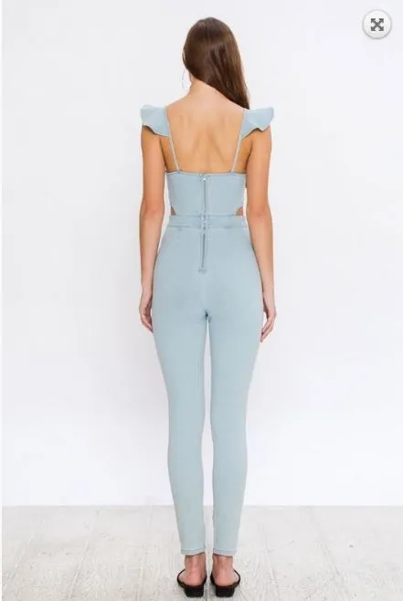 Ruffled Sleeve Cutout Light Denim Jumpsuit