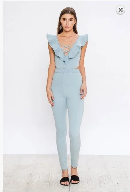 Ruffled Sleeve Cutout Light Denim Jumpsuit