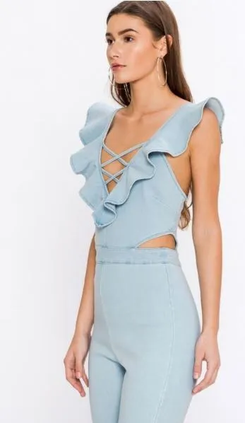 Ruffled Sleeve Cutout Light Denim Jumpsuit