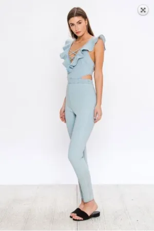 Ruffled Sleeve Cutout Light Denim Jumpsuit