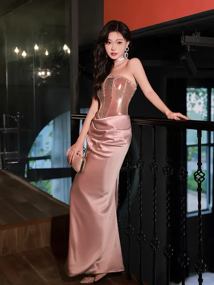 Sexy Rose Gold Party Dresses 2024 Strapless Beading Sleeveless Floor-Length Evening Gown       fg6214