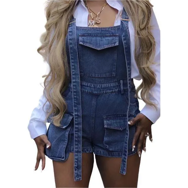 Sleeveless Denim Cargo Short Jumpsuit