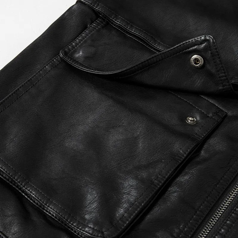 Slim Black Faux Leather Four Pocket Decorated Jacket