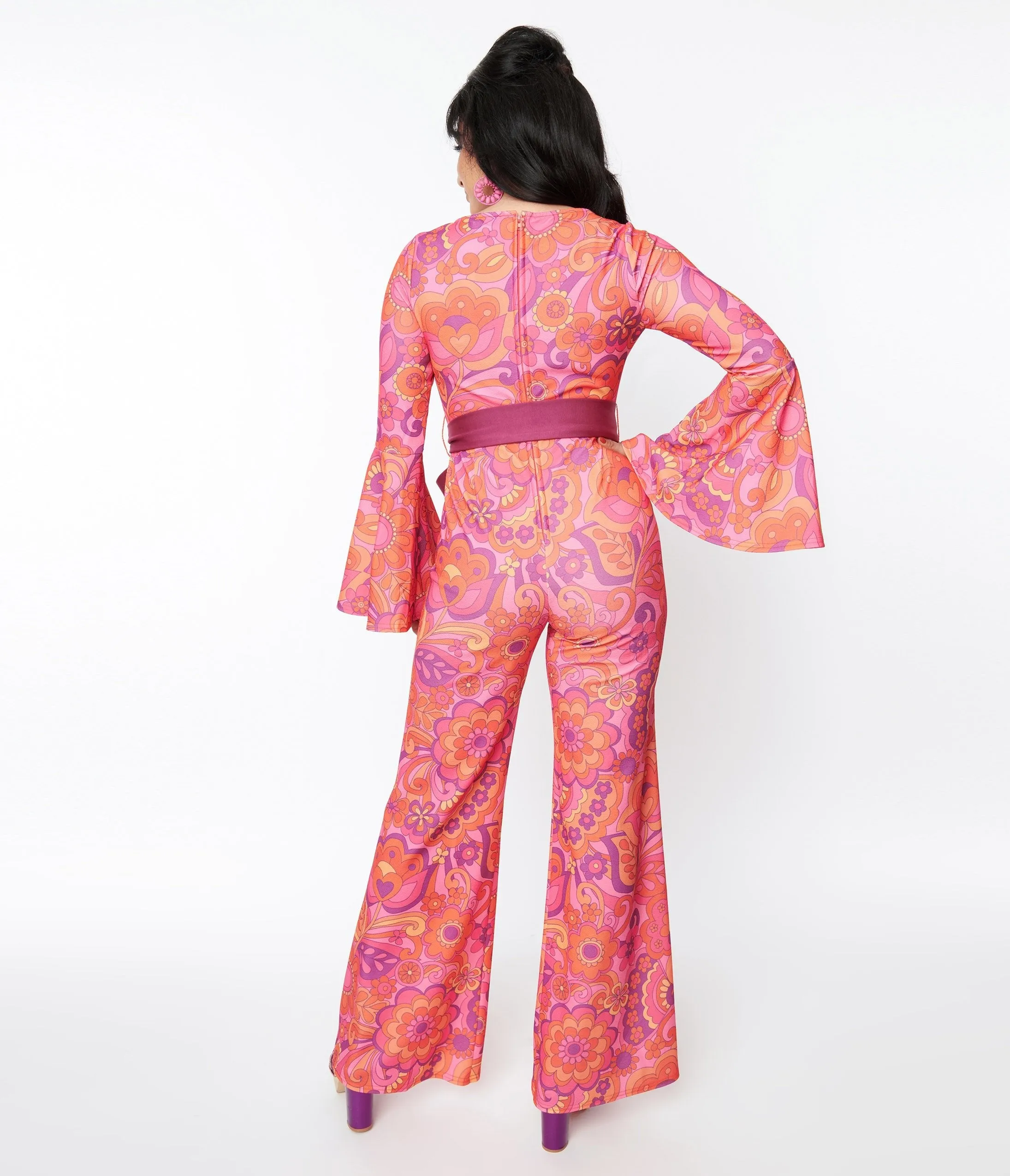 Smak Parlour Pink Mod Floral Bell Sleeve Jumpsuit