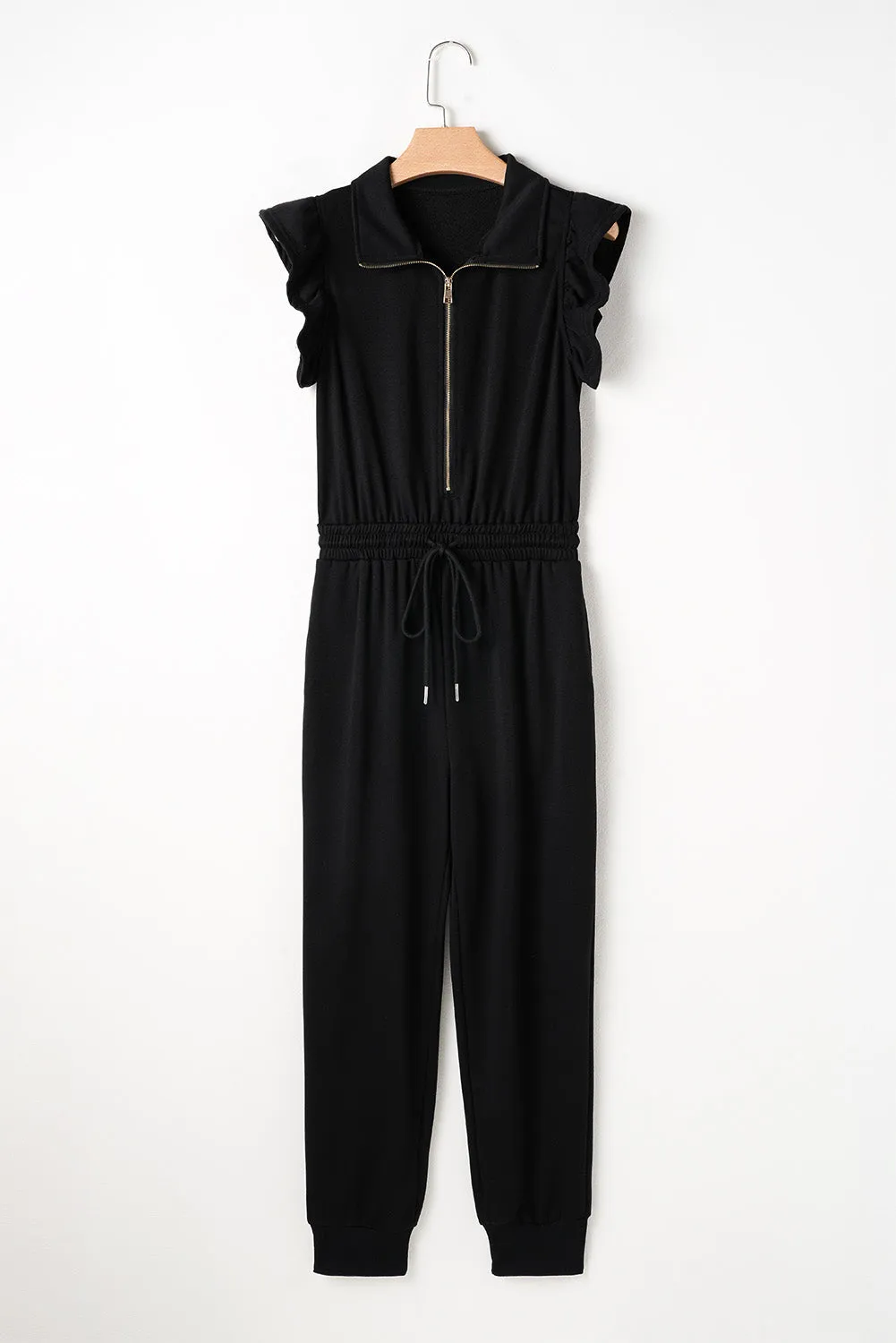 Solid Zipper Flutter Sleeve Jumpsuit