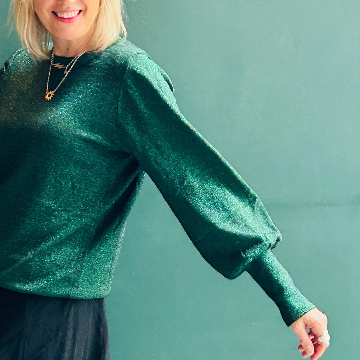 Sparkly Green Balloon Sleeve Jumper