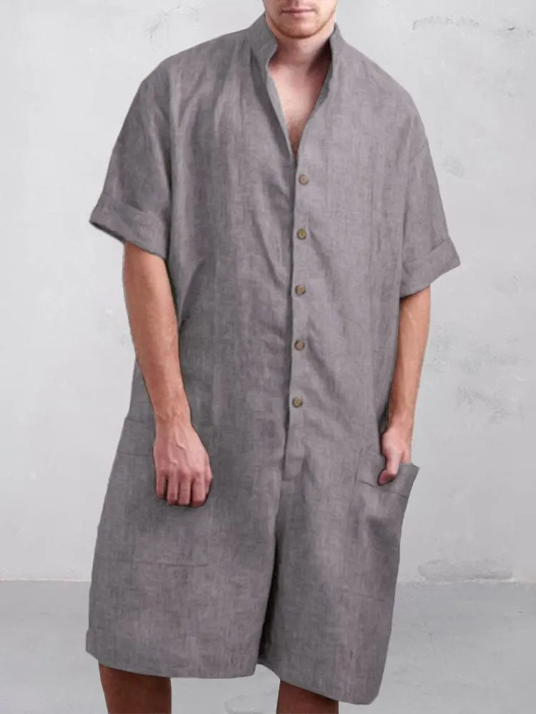 Stand Collar Cotton Linen Jumpsuit