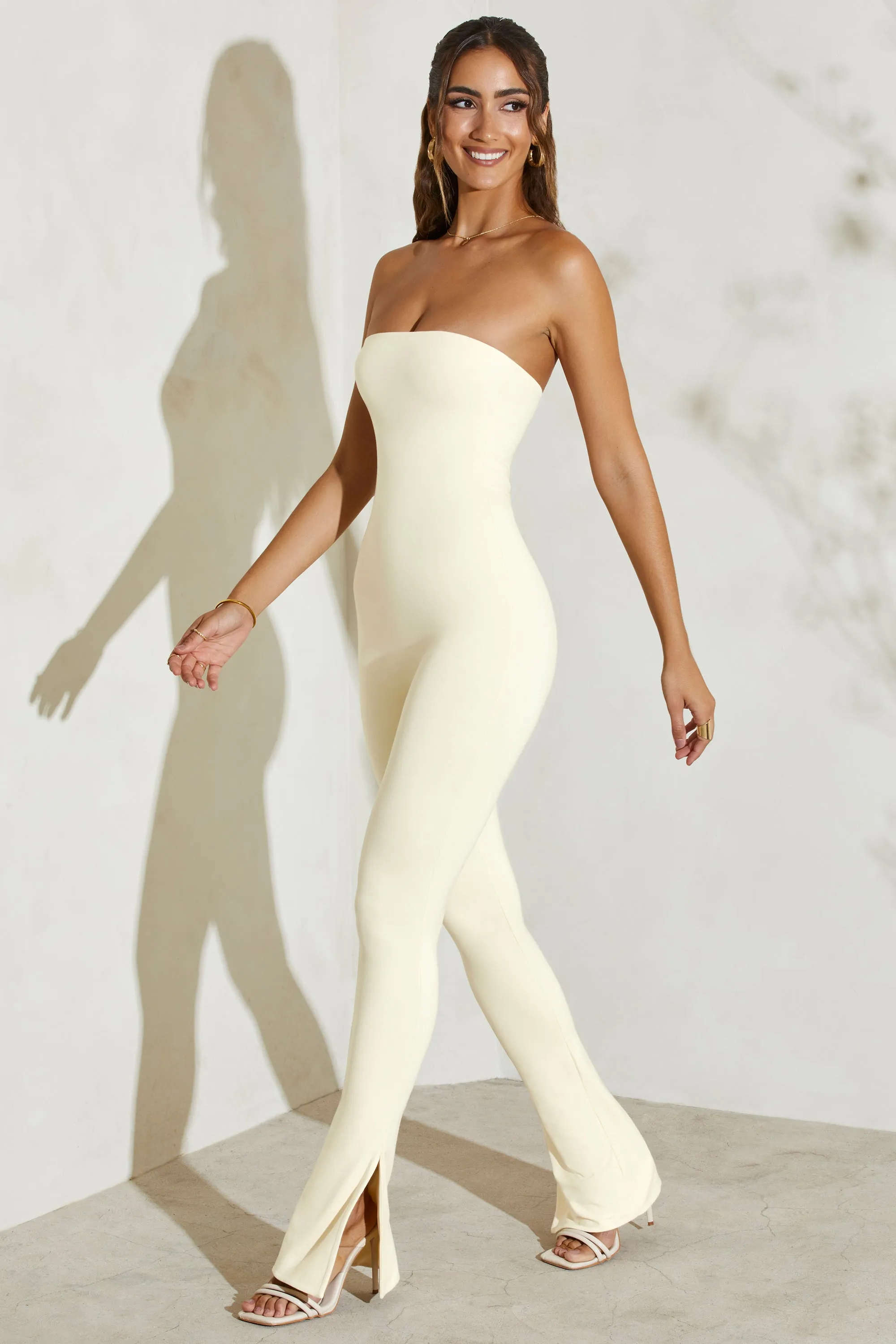 Strapless Flared Hem Jumpsuit in Ivory