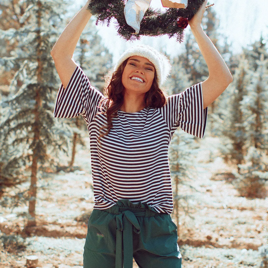 Stripe Ruffle Sleeve Tee, Charcoal