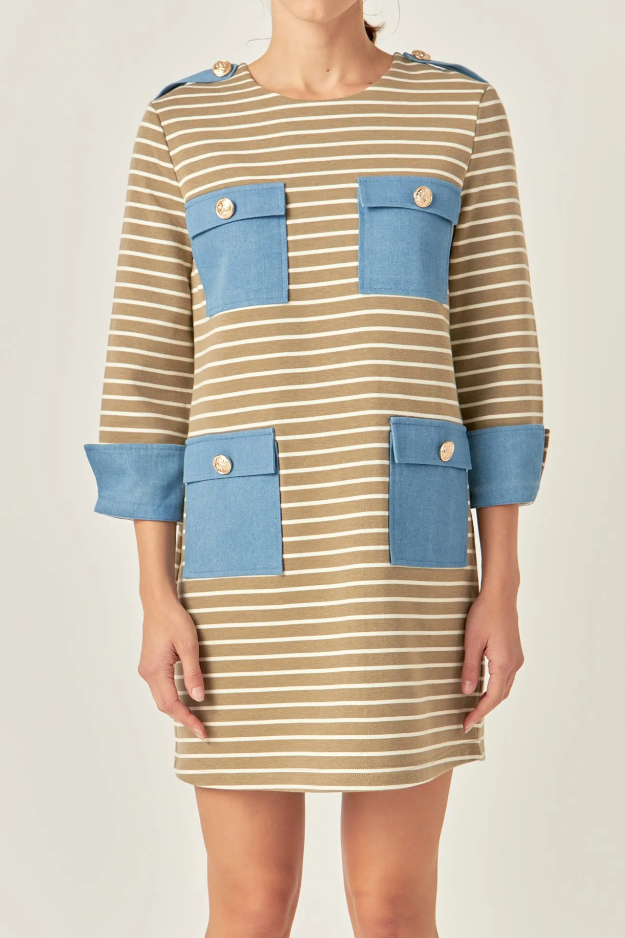 Striped Jersey Knit Dress With Denim Pockets