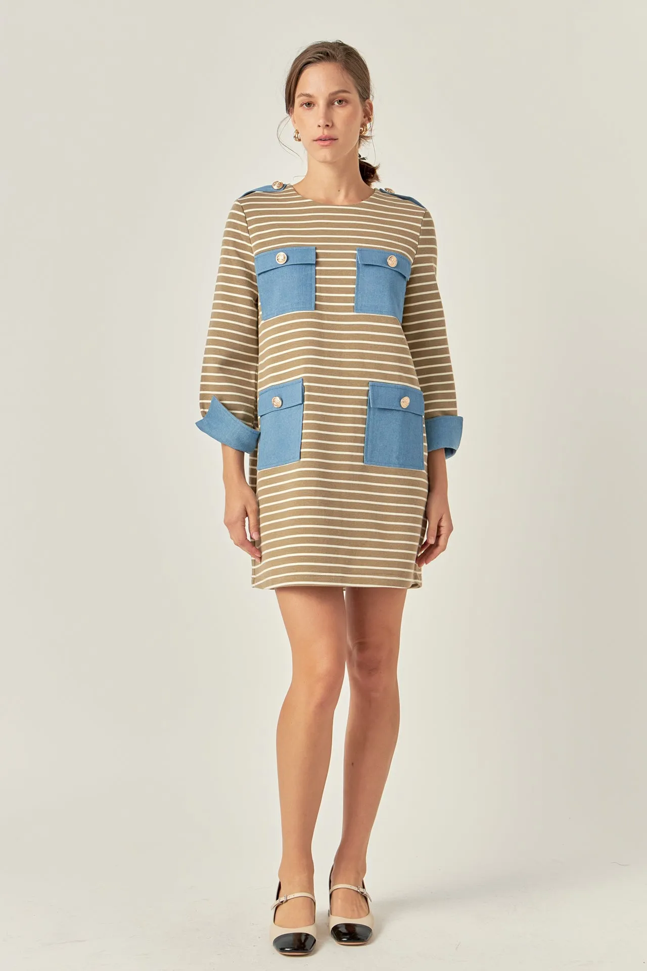 Striped Jersey Knit Dress With Denim Pockets