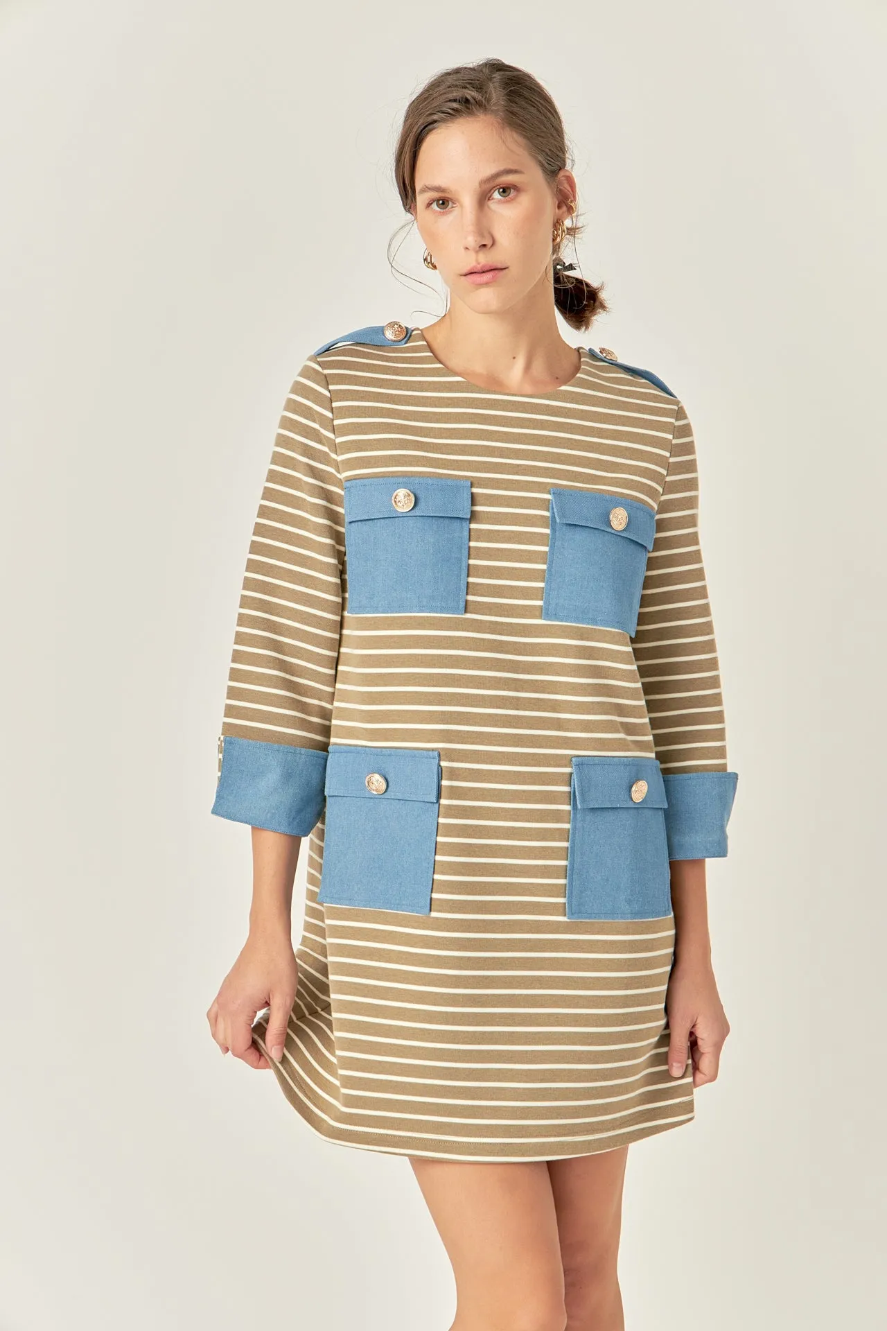 Striped Jersey Knit Dress With Denim Pockets