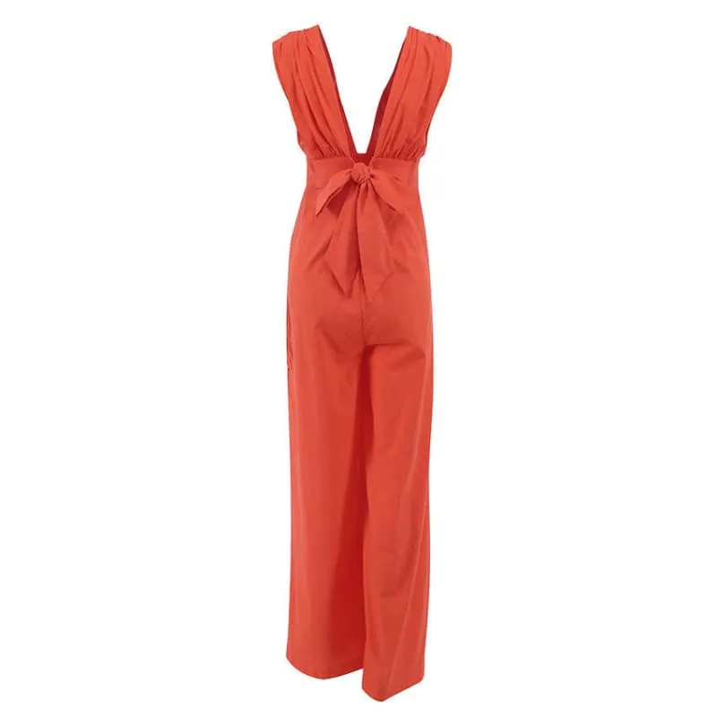 Stylish Vibrant Orange Loose Sleeveless Wide Pants Cotton Jumpsuit