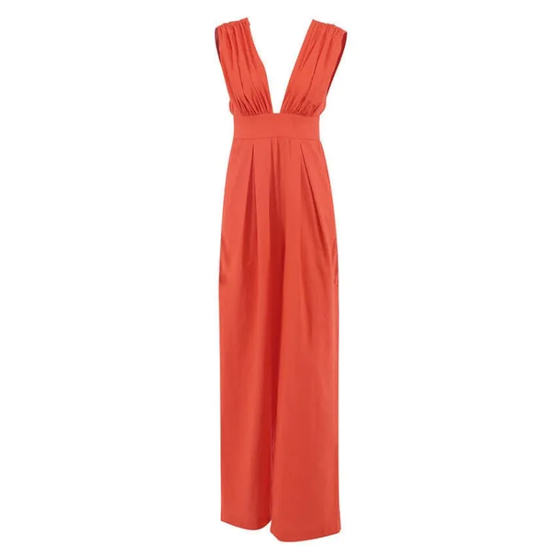 Stylish Vibrant Orange Loose Sleeveless Wide Pants Cotton Jumpsuit