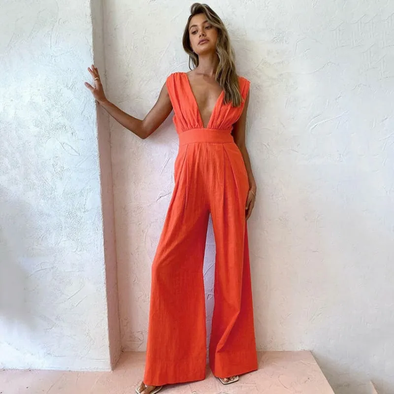 Stylish Vibrant Orange Loose Sleeveless Wide Pants Cotton Jumpsuit