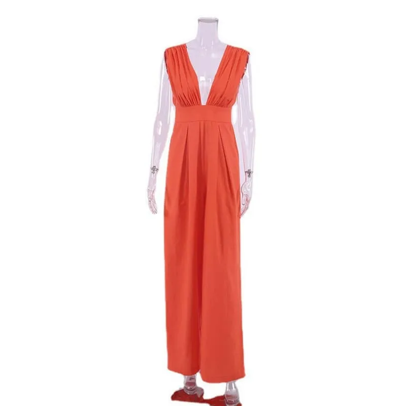 Stylish Vibrant Orange Loose Sleeveless Wide Pants Cotton Jumpsuit