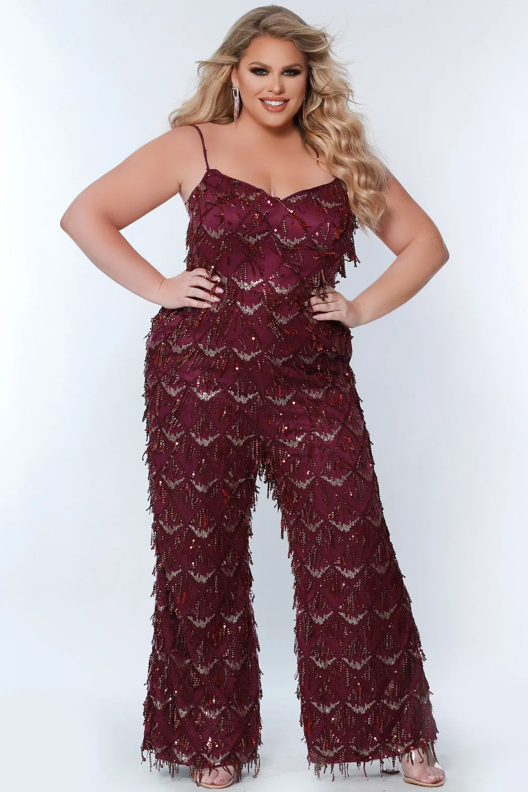 Sydney's Closet SC9108 Long Plus Size Sequin Fringe Jumpsuit Pockets