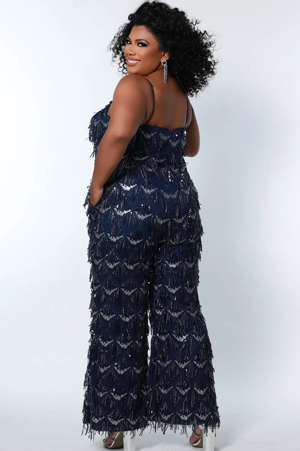 Sydney's Closet SC9108 Long Plus Size Sequin Fringe Jumpsuit Pockets