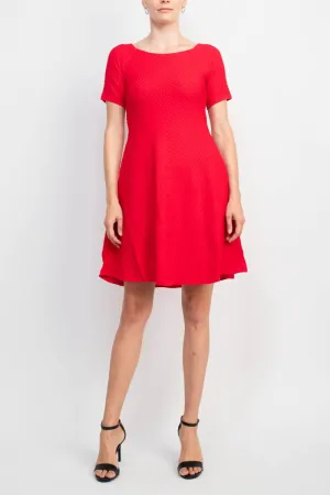 T Tahari Boat Neck Short Sleeve Fit and Flare Knit Dress