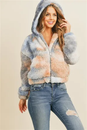 Taupe and Navy Blue Tie Dye Sherpa Jacket