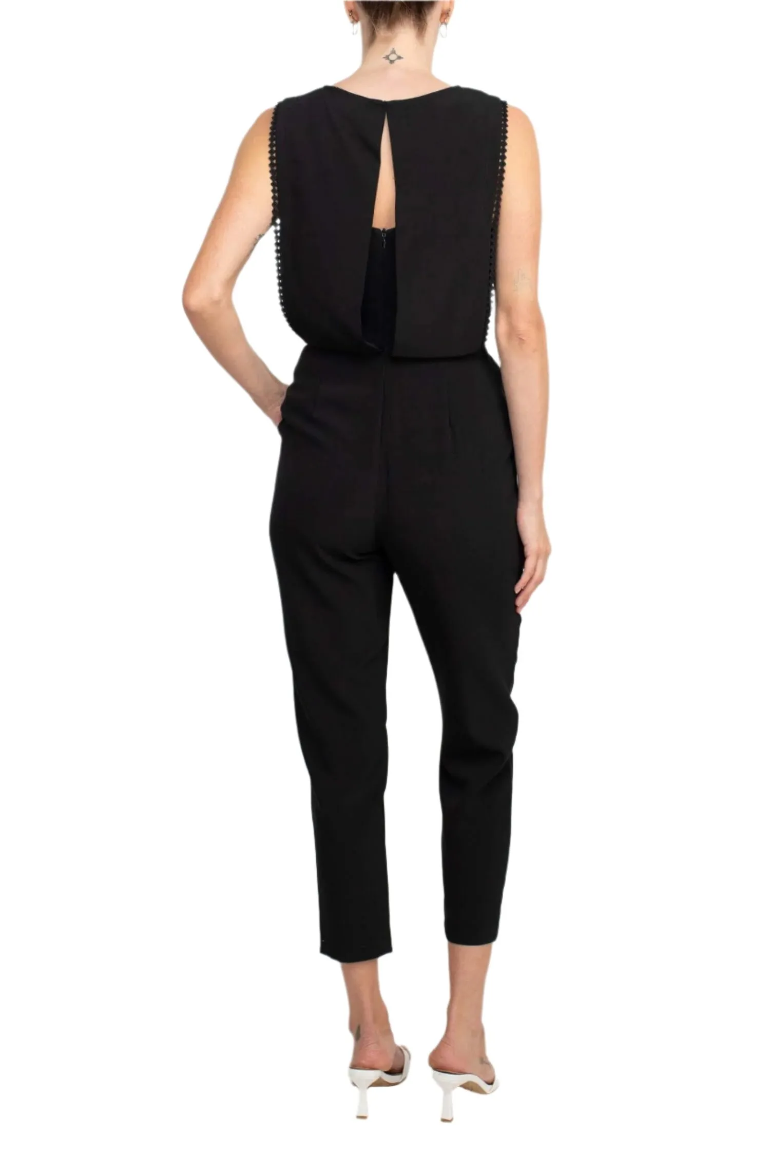 Taylor V-Neck Sleeveless Embellished Keyhole  Zipper Back Solid Crepe Jumpsuit