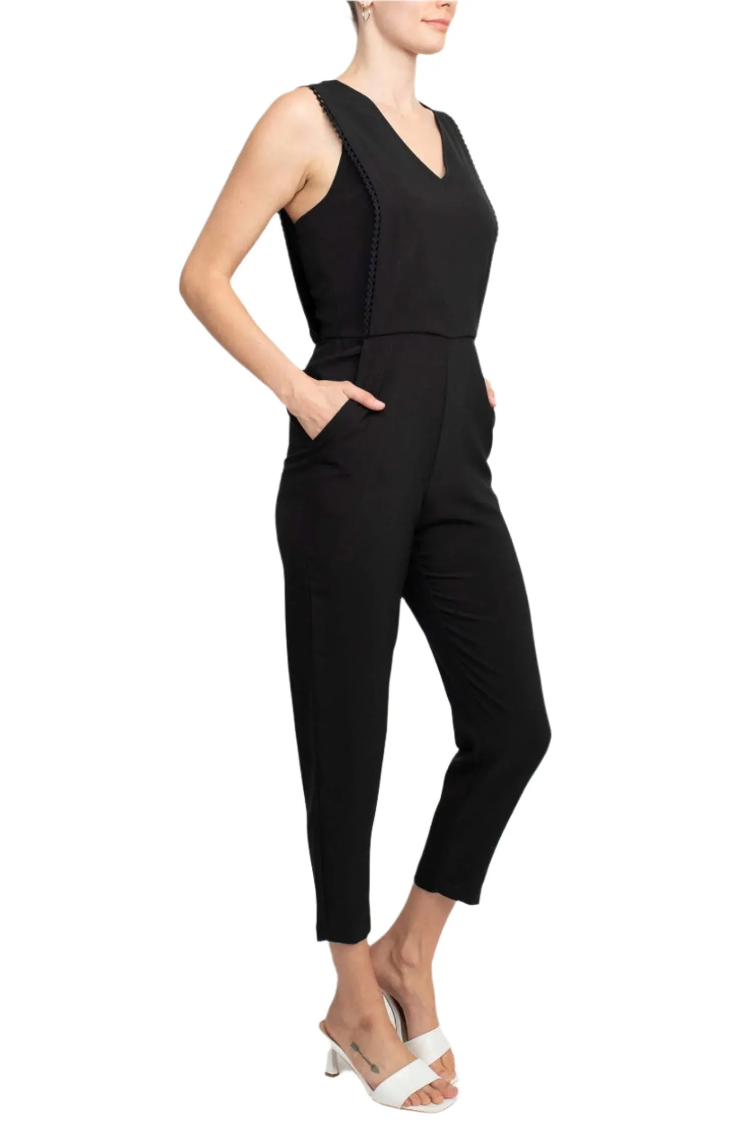 Taylor V-Neck Sleeveless Embellished Keyhole  Zipper Back Solid Crepe Jumpsuit