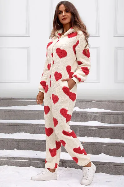 TEEK - Fuzzy Heart Hooded Lounge Jumpsuit