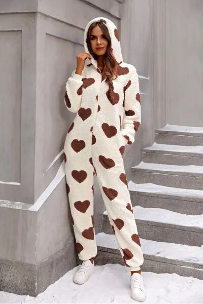 TEEK - Fuzzy Heart Hooded Lounge Jumpsuit