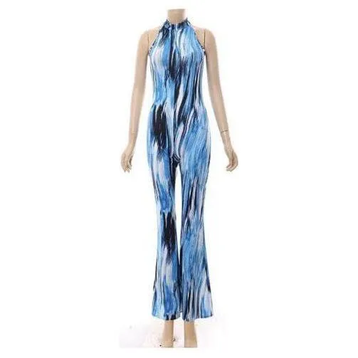 Tropical Print Round Neck Flared Leg Jumpsuit.