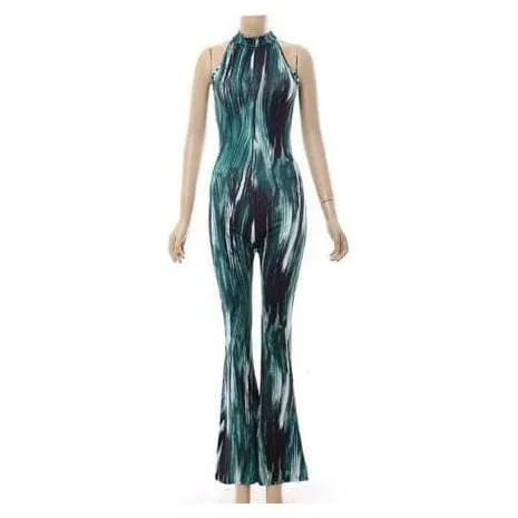 Tropical Print Round Neck Flared Leg Jumpsuit.