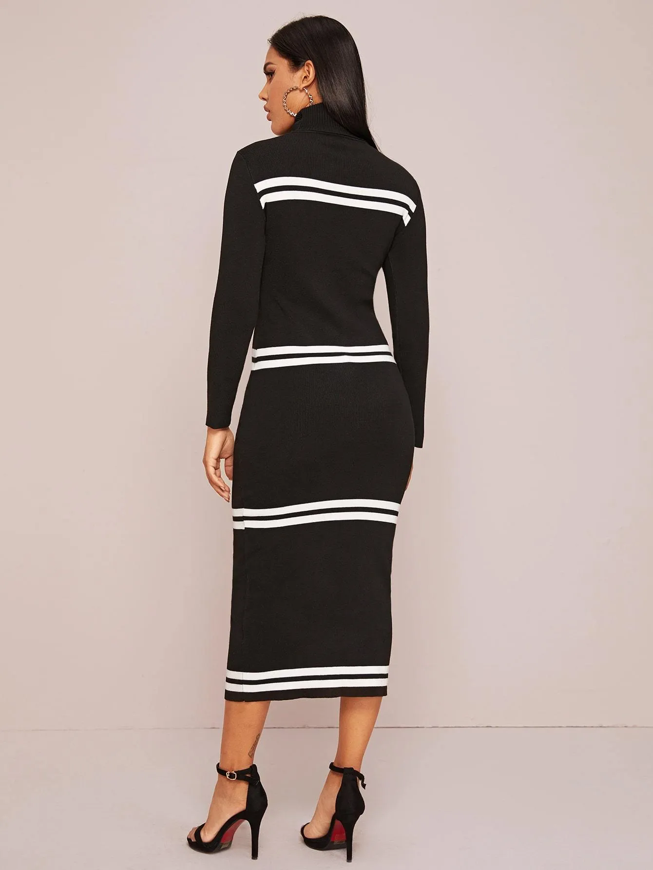 Turtleneck Striped Pencil Jumper Dress