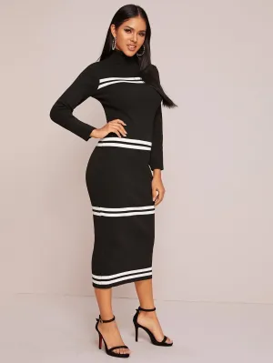 Turtleneck Striped Pencil Jumper Dress