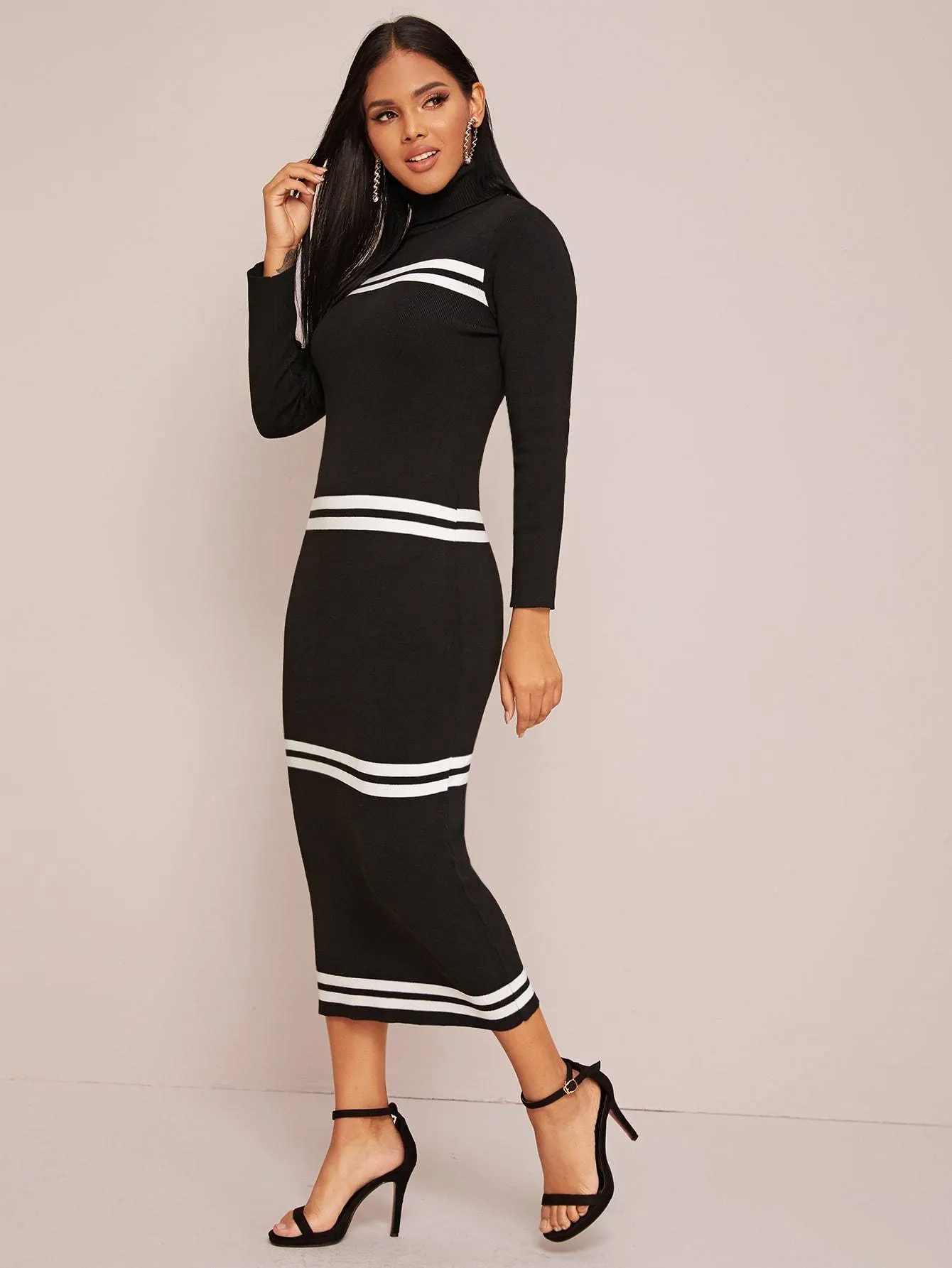 Turtleneck Striped Pencil Jumper Dress