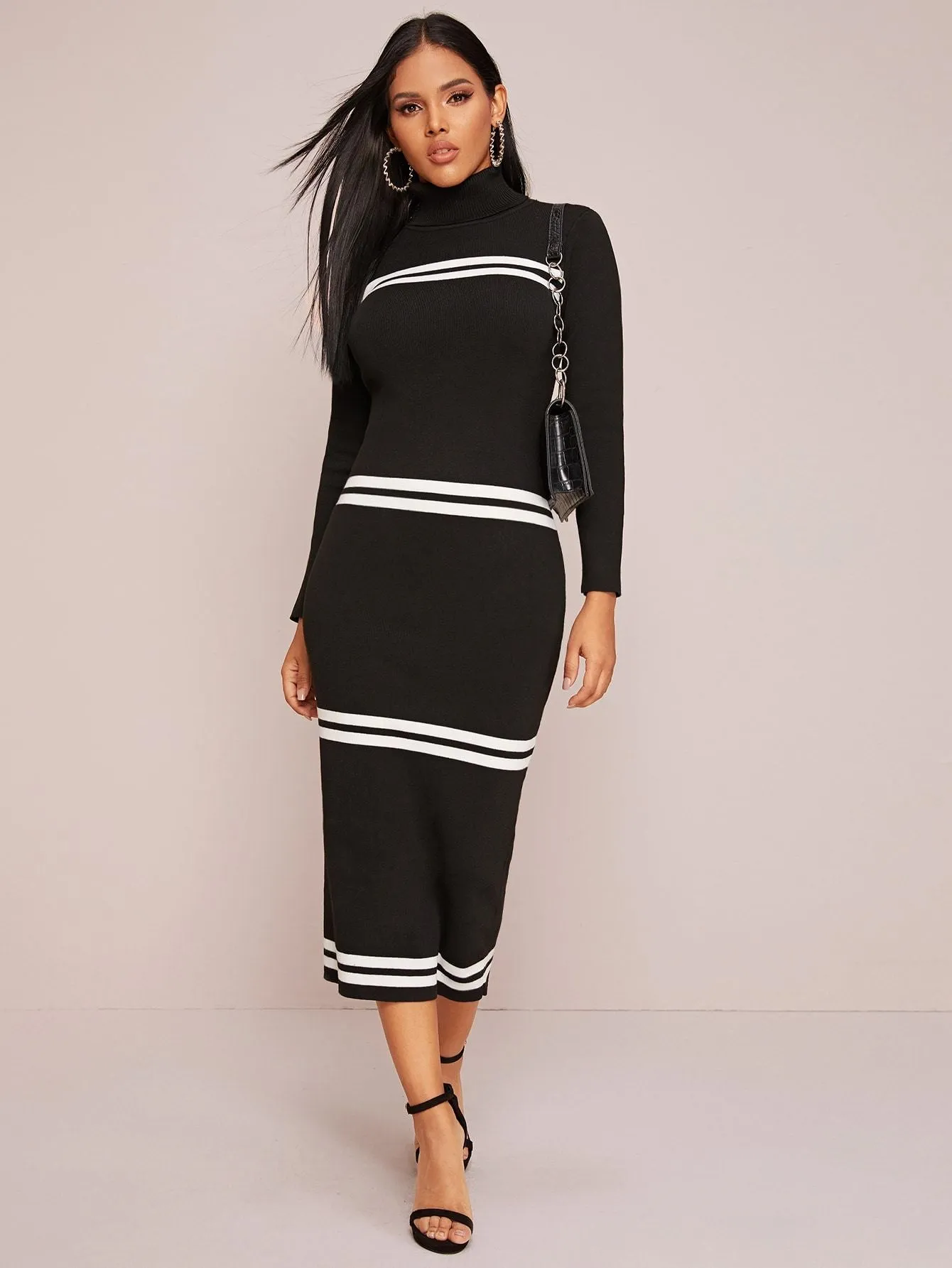 Turtleneck Striped Pencil Jumper Dress